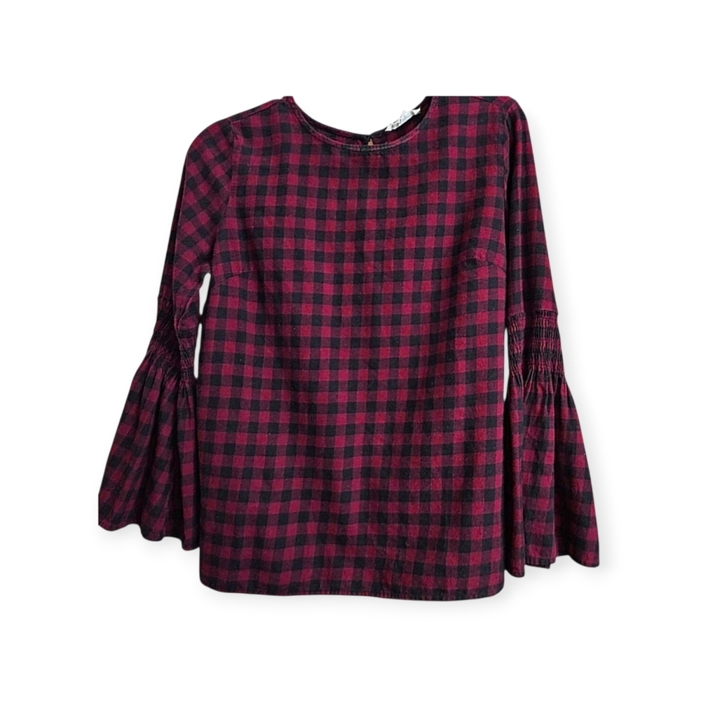 Beach Lunch Lounge Anthropologie Fall Plaid Cabincore Bell Sleeve Flannel Top S